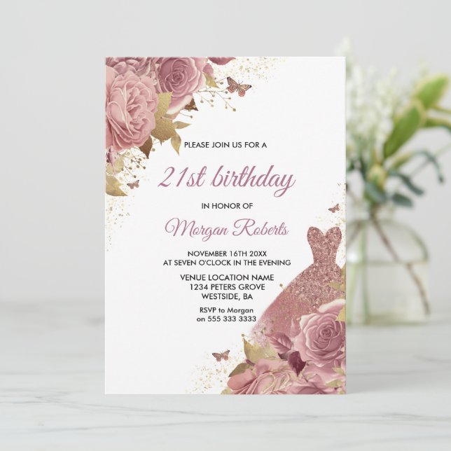 Blush Pink Dusty Rose Dress 21st Birthday Party Invitation (Standing Front)