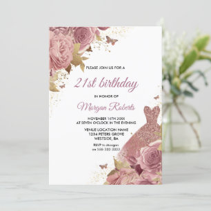 Blush Pink Dusty Rose Dress 21st Birthday Party Invitation