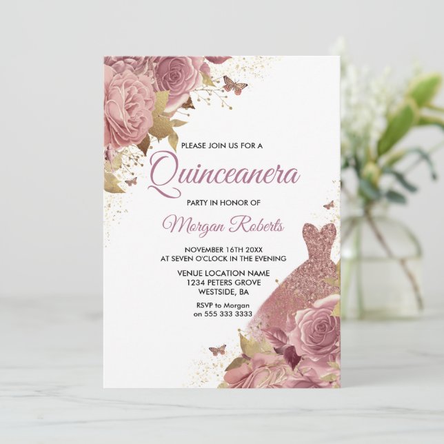 Blush Pink Dusty Rose Dress Quinceanera Party Invitation (Standing Front)