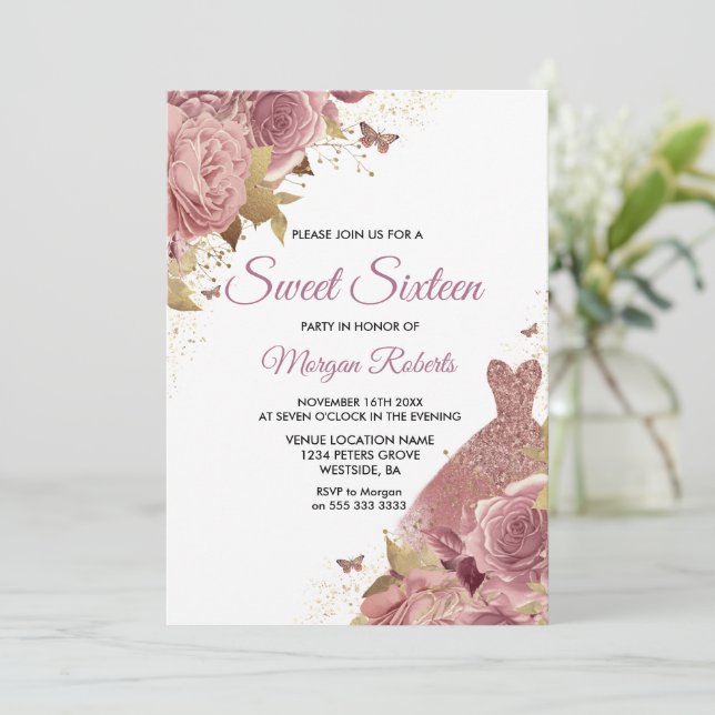 Blush Pink Dusty Rose Dress Sweet 16 Party Invitation (Standing Front)