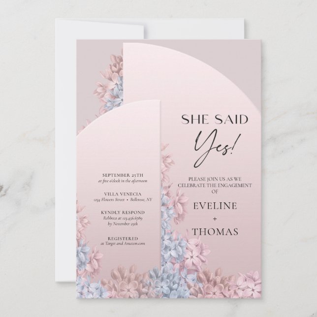 Blush pink dusty rose dusty blue arch she said yes invitation (Front)