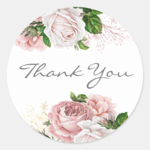 Blush Pink Dusty Rose Floral White Thank You Classic Round Sticker