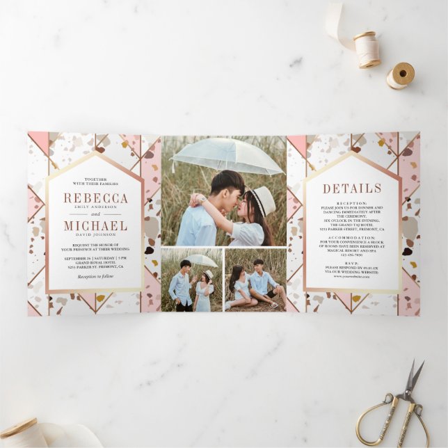 Blush Pink Earthy Geometric Terrazzo Wedding Tri-Fold Invitation (Inside)