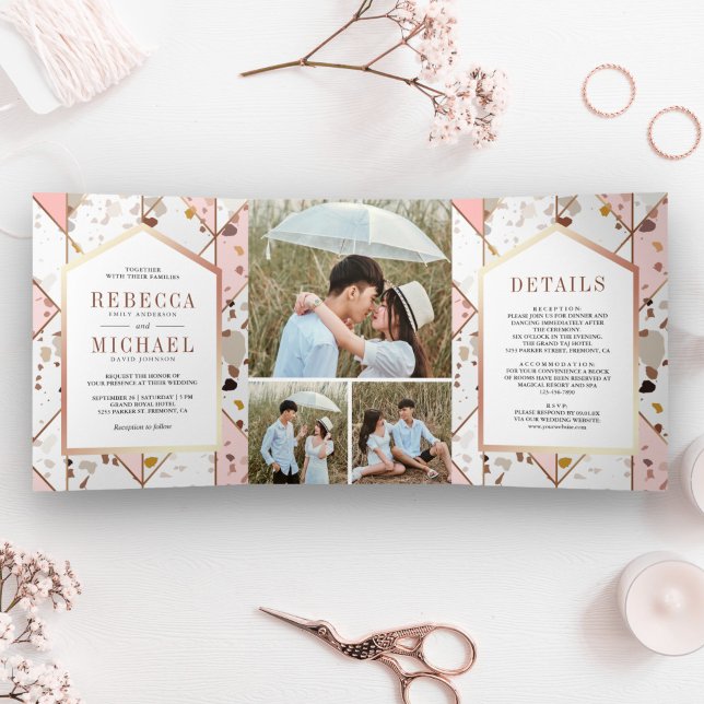Blush Pink Earthy Geometric Terrazzo Wedding Tri-Fold Invitation (Creator Uploaded)