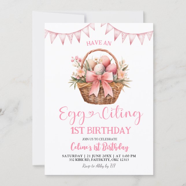 Blush Pink Eggciting Birthday Invitation (Front)