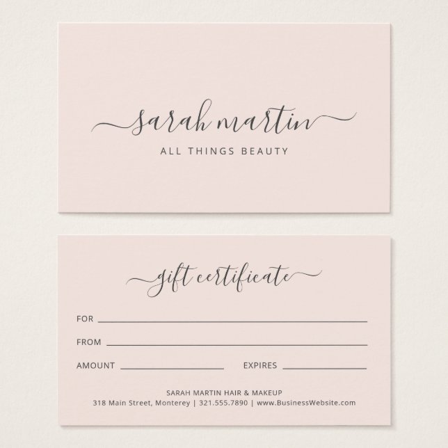 Blush Pink Elegant Beauty Salon Gift Certificate (Front & Back)