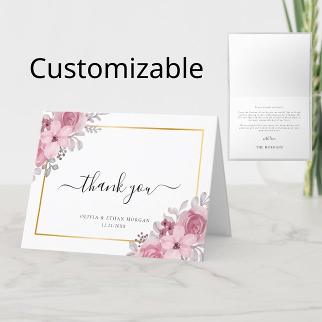 Blush Pink Elegant Floral Gold Frame Wedding Thank You Card (Creator Uploaded)