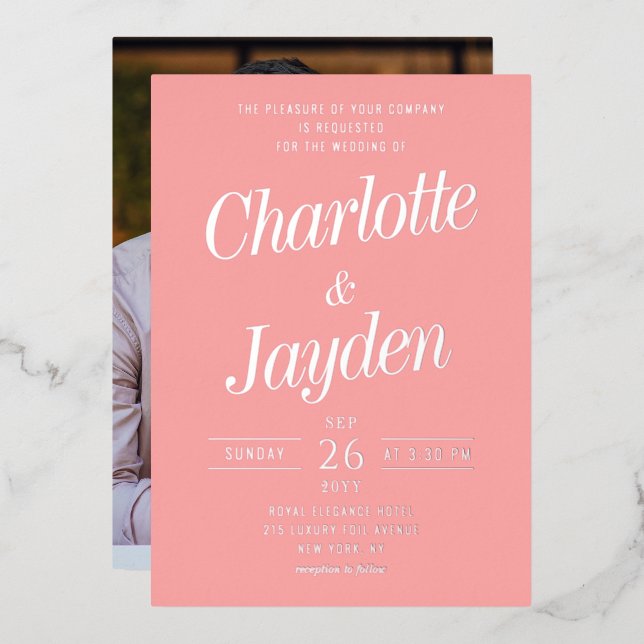 Blush Pink Elegant Foil Script Photo Wedding (Front/Back)