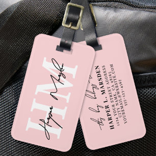 Blush Pink Elegant Girly Monogram Name Luggage Tag