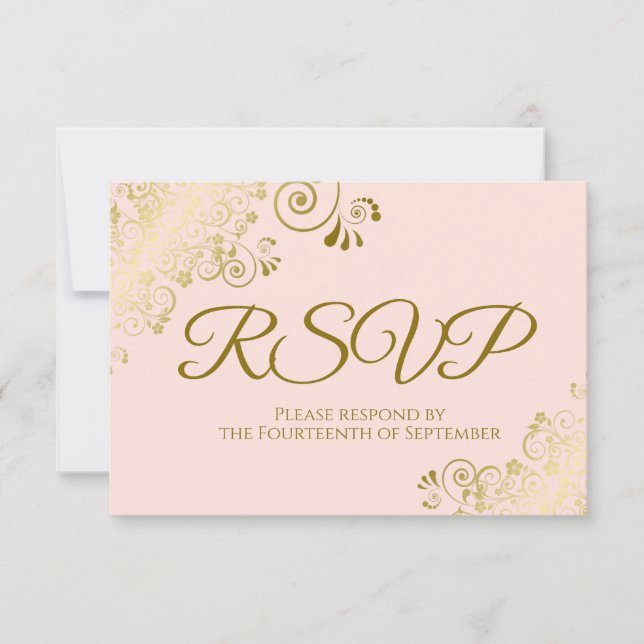 Blush Pink & Elegant Gold Curls Wedding RSVP Card (Front)