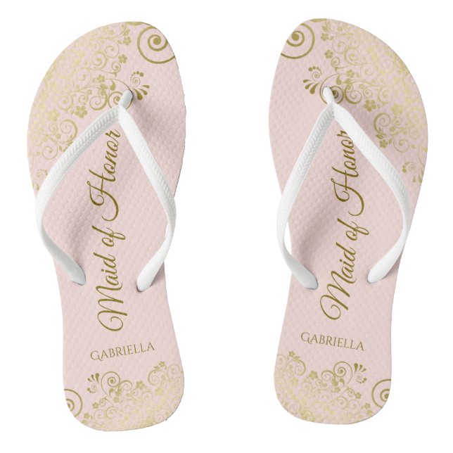 Blush Pink Elegant Gold Lace Maid of Honour Weddin Flip Flops (Footbed)