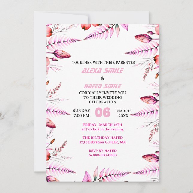 Blush Pink  Elegant Gold Wedding Invitation , Whit (Front)