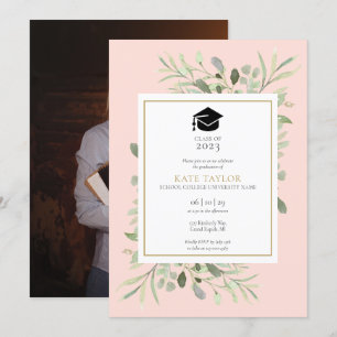 Blush Pink Elegant Greenery Photo Graduation Party Invitation