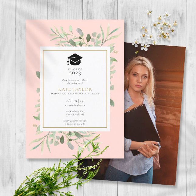 Blush Pink Elegant Greenery Photo Graduation Party Invitation (Creator Uploaded)
