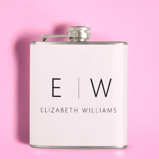Blush Pink Elegant Modern Minimalist Monogram Name Hip Flask