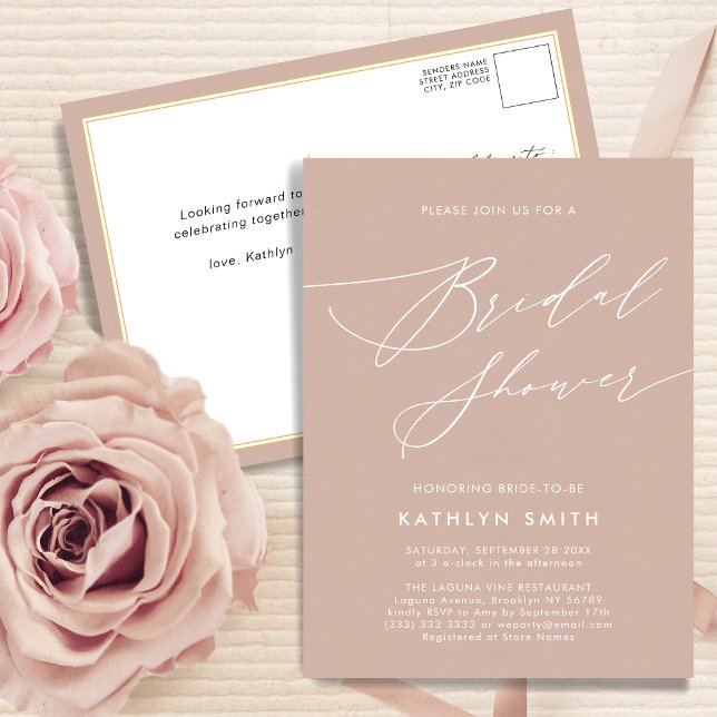 Blush Pink Elegant Script Modern Bridal Shower Invitation Postcard (Creator Uploaded)