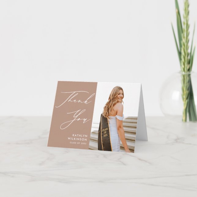 Blush Pink Elegant Script Simple Photo Graduation Thank You Card (Front)
