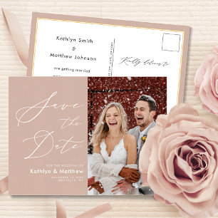 Blush Pink Elegant Script Wedding Save The Date Announcement Postcard