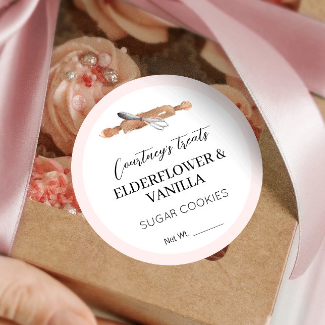 Blush Pink Elegant Sugar Cookies Dessert Packaging Classic Round Sticker (Blush pink and white bakery stickers, great for cookies, cupcakes and more! Add your custom flavors)