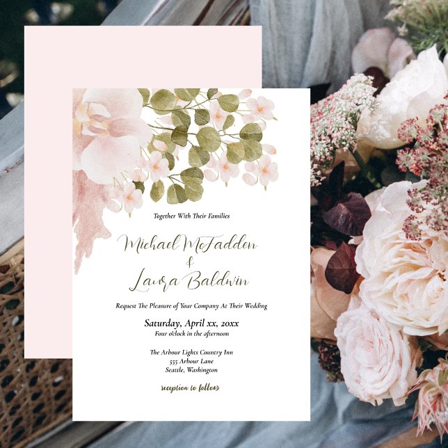 Blush Pink Elegant Watercolor Floral Wedding Invitation (Blush Pink and Green, Elegant Boho Style Wedding Invitation)