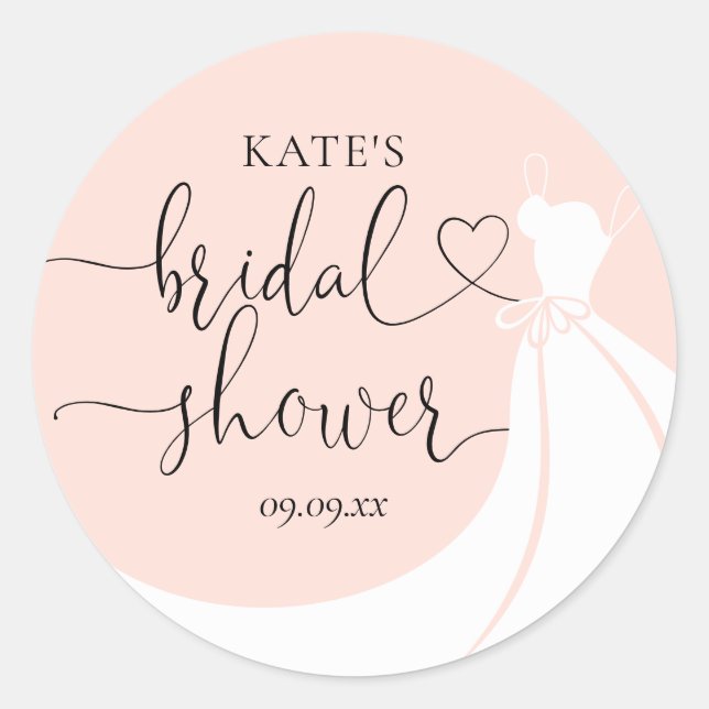 Blush Pink Elegant Wedding Dress Bridal Shower Classic Round Sticker (Front)