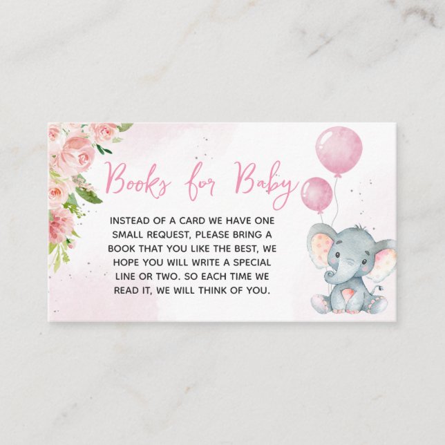 Blush Pink Elephant Baby Shower Books for Baby Enclosure Card (Front)