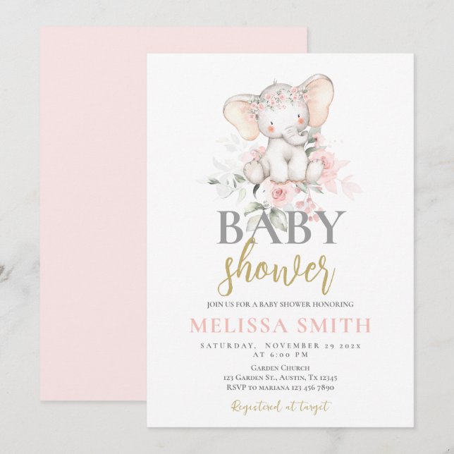 Blush Pink Elephant Baby Shower girl Invitation (Front/Back)