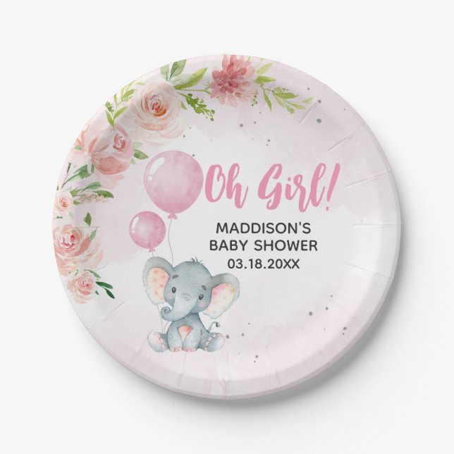 Blush Pink Elephant Baby Shower Paper Plate (Front)