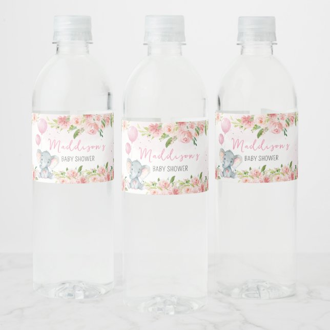 Blush Pink Elephant Baby Shower Water Bottle Label (Bottles)