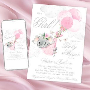 Blush Pink Elephant Balloons Butterfly Baby Shower Invitation