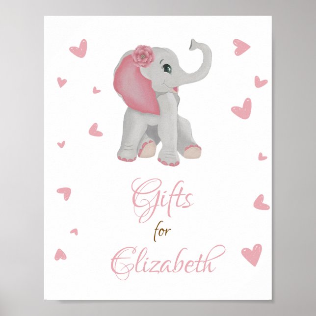 Blush Pink Elephant Gifts Girl Baby Shower Sign (Front)