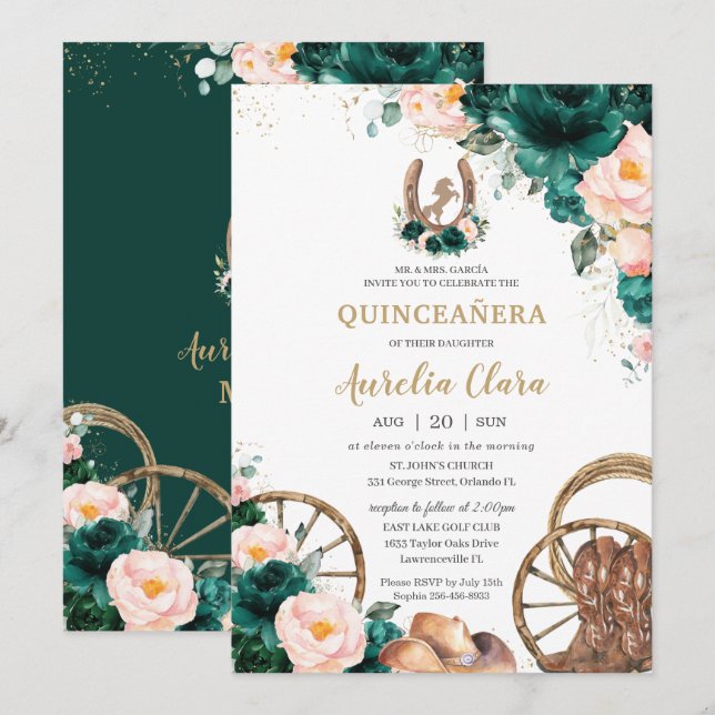 Blush Pink Emerald Green Wild West Quinceañera  Invitation (Front/Back)