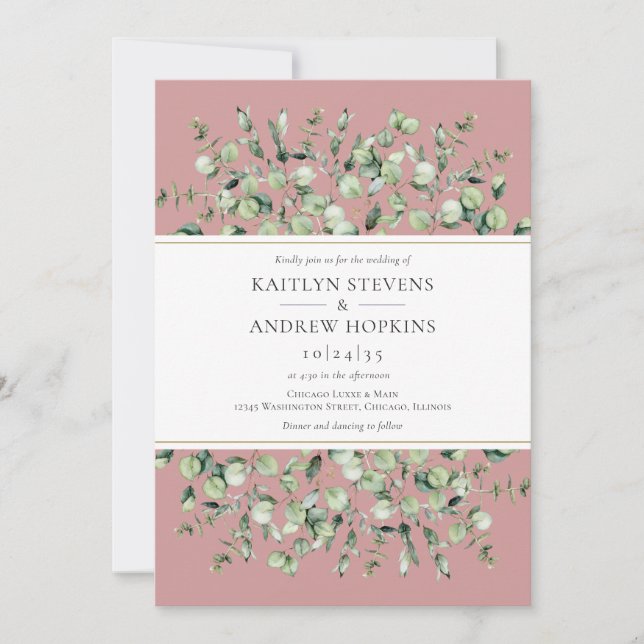 Blush Pink Eucalyptus All In One Wedding Invitation (Front)