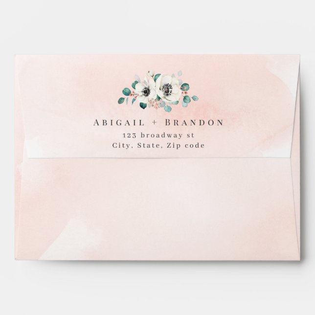 Blush pink eucalyptus anemone floral wedding envelope (Back (Top Flap))