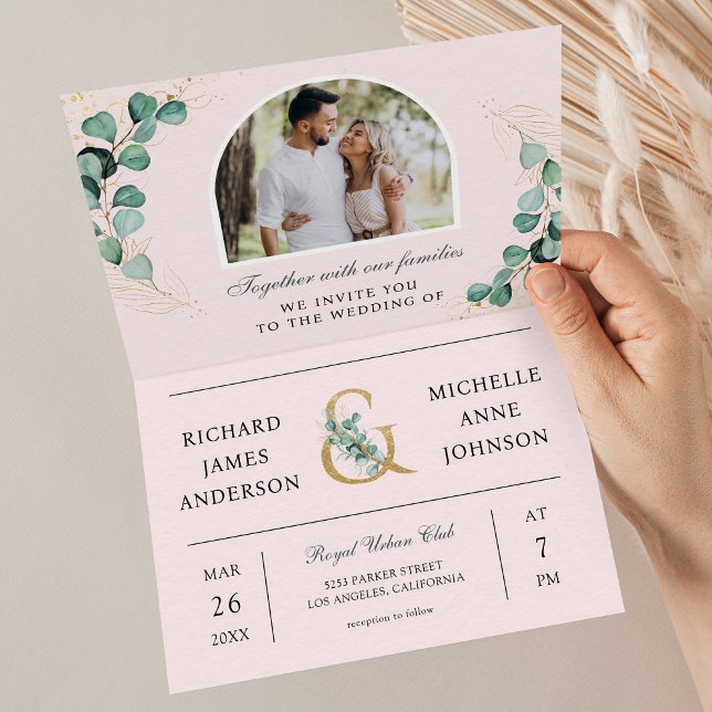 Blush Pink Eucalyptus Arch Photo QR Code Wedding Invitation (Creator Uploaded)