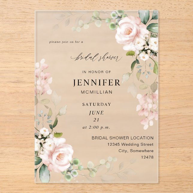 Blush Pink & Eucalyptus Floral Bridal Shower Acrylic Invitations (Front)