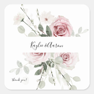 Blush PInk & Eucalyptus Floral Thank You Square Sticker
