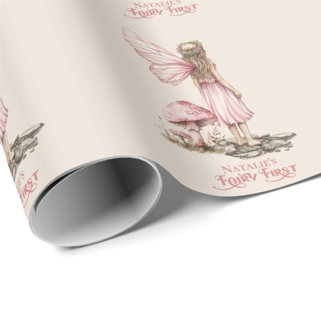 Blush Pink Fairy First Birthday Party Personalised Wrapping Paper (Roll Corner)