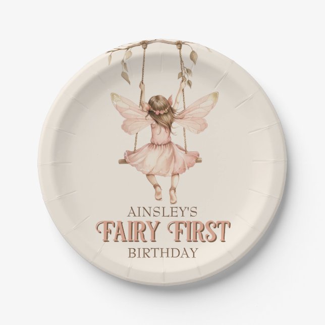 Blush Pink Fairy First Custom 1st Birthday Party Paper Plate (Front)