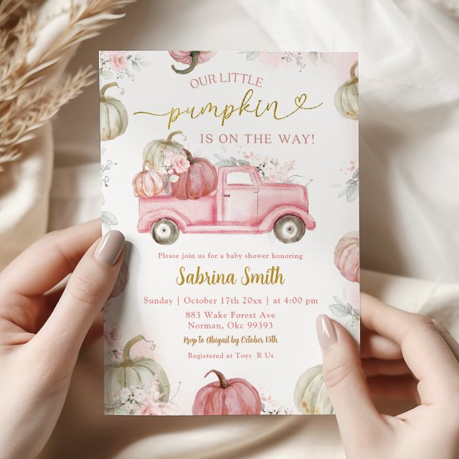 Blush Pink Fall Pumpkin Truck Baby Shower Invitation (Creator Uploaded)