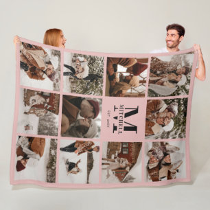 Blush Pink Family Photo Collage MonogramKeepsake Fleece Blanket