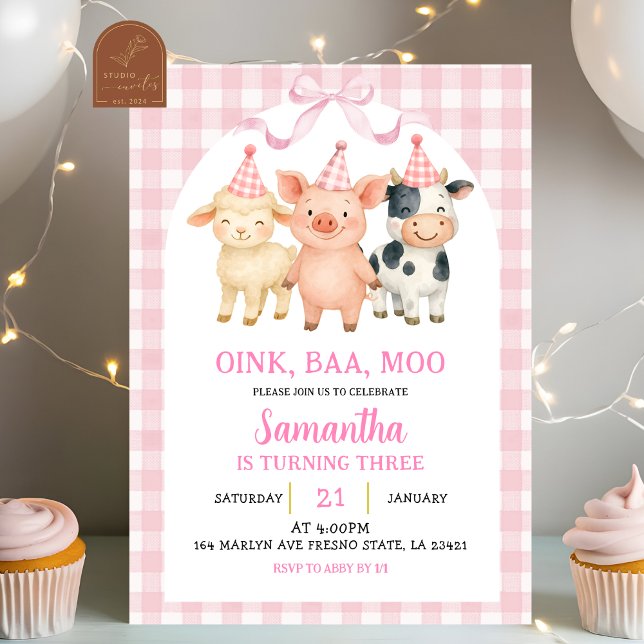 Blush Pink Farm Party Gingham Birthday Invitation (Creator Uploaded)