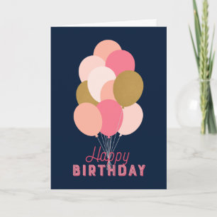 Blush Pink Faux Gold Balloons Blue Happy Birthday Card
