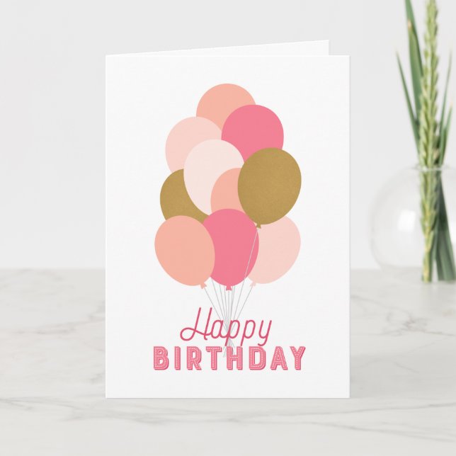 Blush Pink Faux Gold Balloons Happy Birthday Card (Front)