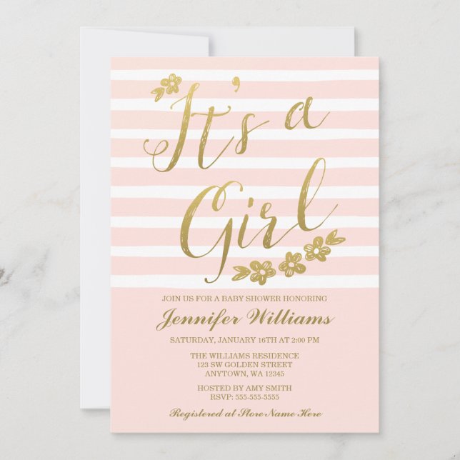 Blush Pink Faux Gold Flowers Girl Baby Shower Invitation (Front)
