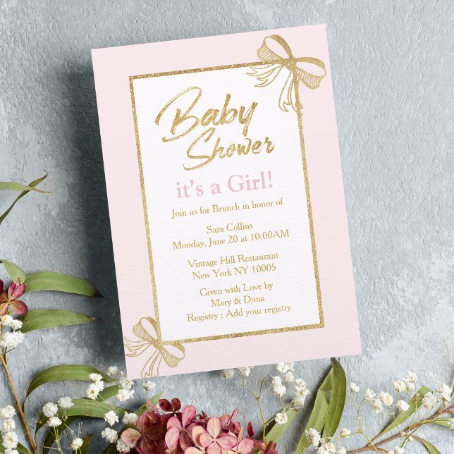 Blush pink faux gold glitter bow Girl Baby Shower Invitation (Blush pink faux gold glitter bow Girl Baby Shower Invitation)