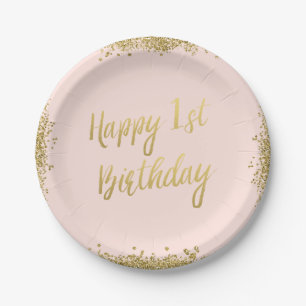 Blush Pink Faux Gold Glitter First Birthday Paper Plate