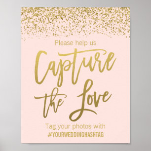 Blush Pink Faux Gold Glitter Wedding Hashtag Sign