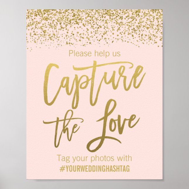 Blush Pink Faux Gold Glitter Wedding Hashtag Sign (Front)