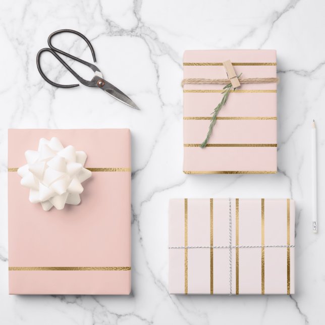 Blush Pink Faux Gold Stripe Pattern Wrapping Paper Sheet (Front)